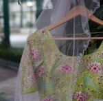 Hand Embroidered Green Anarkali Dress with Dupatta: Silk Chanderi Suit Set