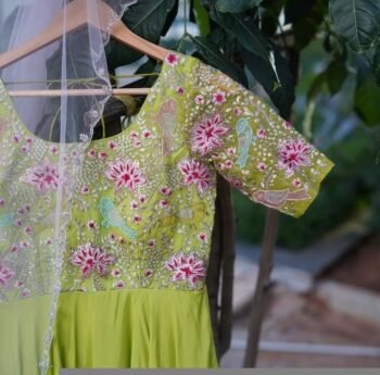 Hand Embroidered Green Anarkali Dress with Dupatta: Silk Chanderi Suit Set