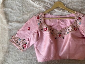 Hand Embroidered Silk Blouse: Peach Zardosi Saree Top