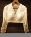 Hand Embroidered Cream Silk Saree Blouse: Zardosi Maggam Work