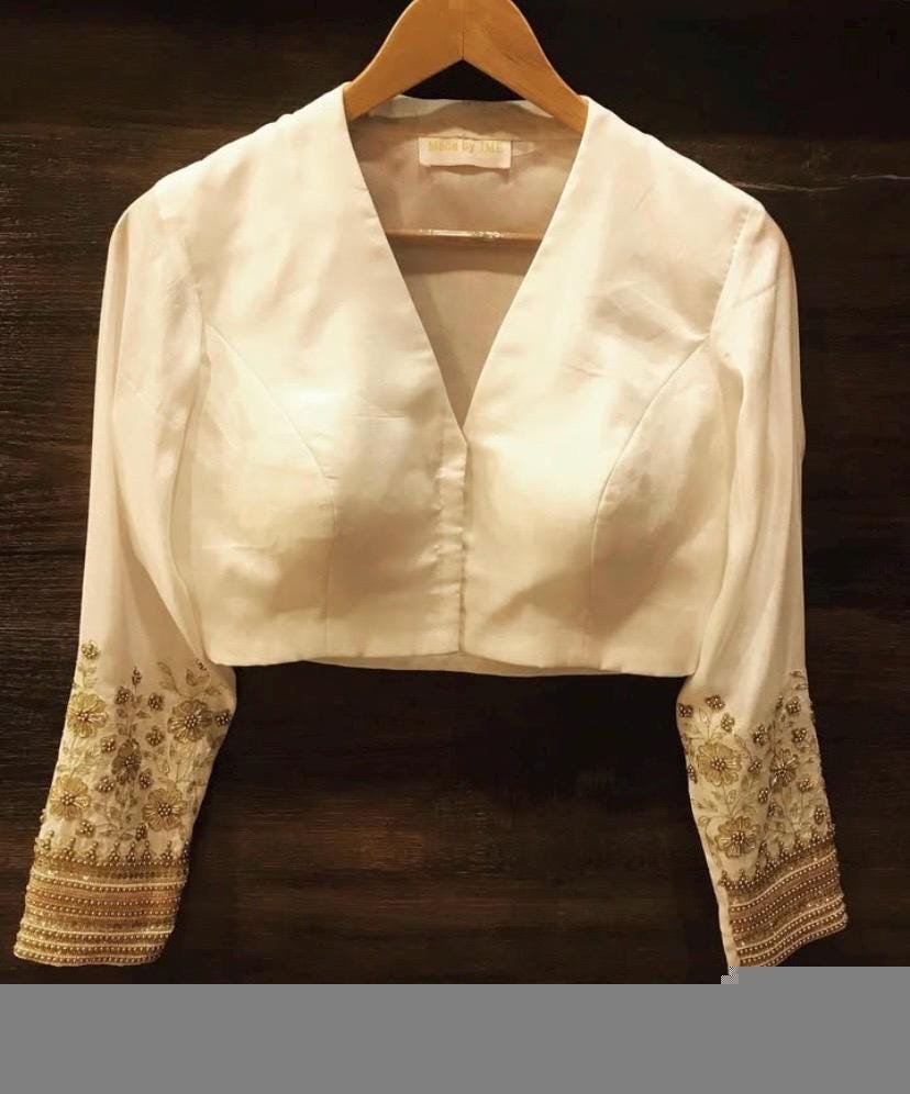 Hand Embroidered Cream Silk Saree Blouse: Zardosi Maggam Work