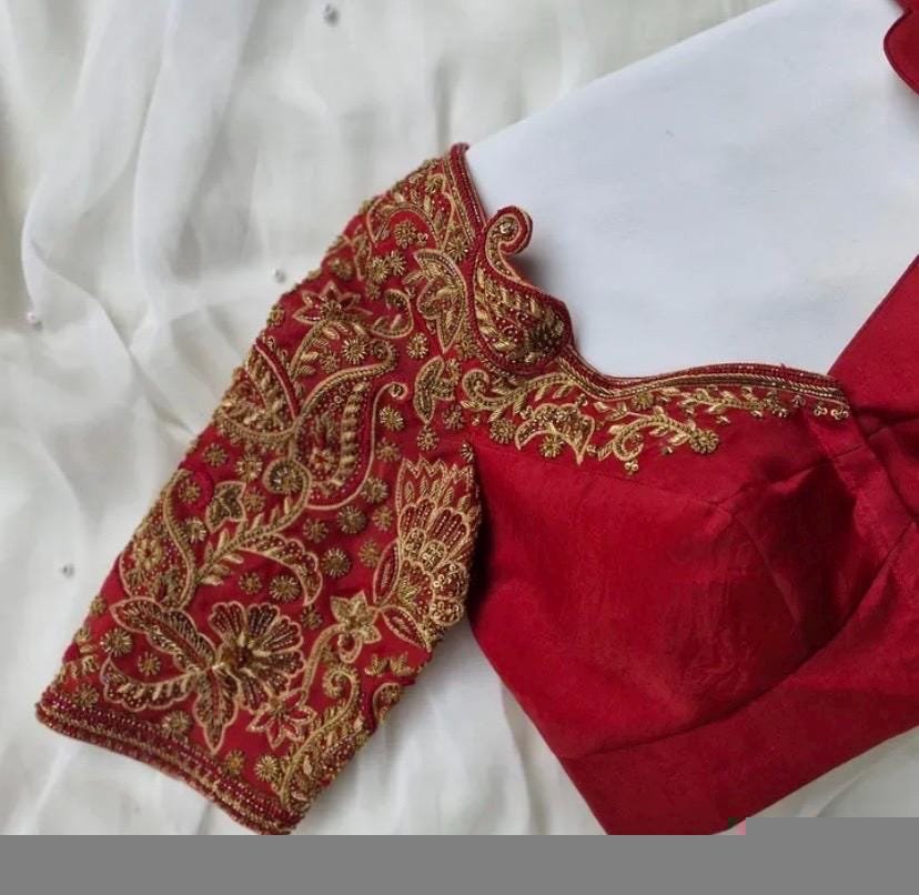 Red Silk Saree Blouse: Hand Embroidered Zardosi Maggam Blouse