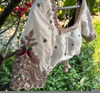 Hand Embroidered Silk Saree Blouse: Cream Zardosi Maggam Work,mix and match blouse,handwork blouse,off white blouse,plus size blouse,maggam