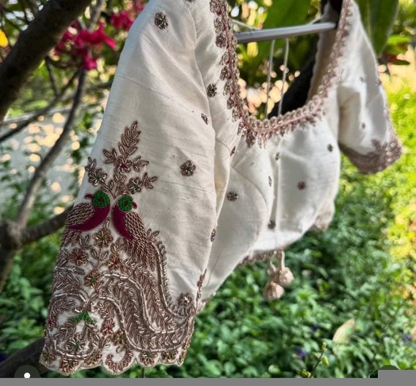 Hand Embroidered Silk Saree Blouse: Cream Zardosi Maggam Work,mix and match blouse,handwork blouse,off white blouse,plus size blouse,maggam