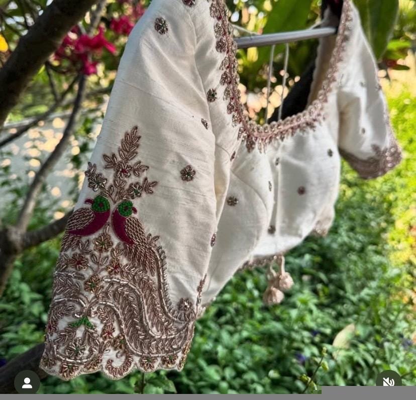 Hand Embroidered Silk Saree Blouse: Cream Zardosi Maggam Work,mix and match blouse,handwork blouse,off white blouse,plus size blouse,maggam