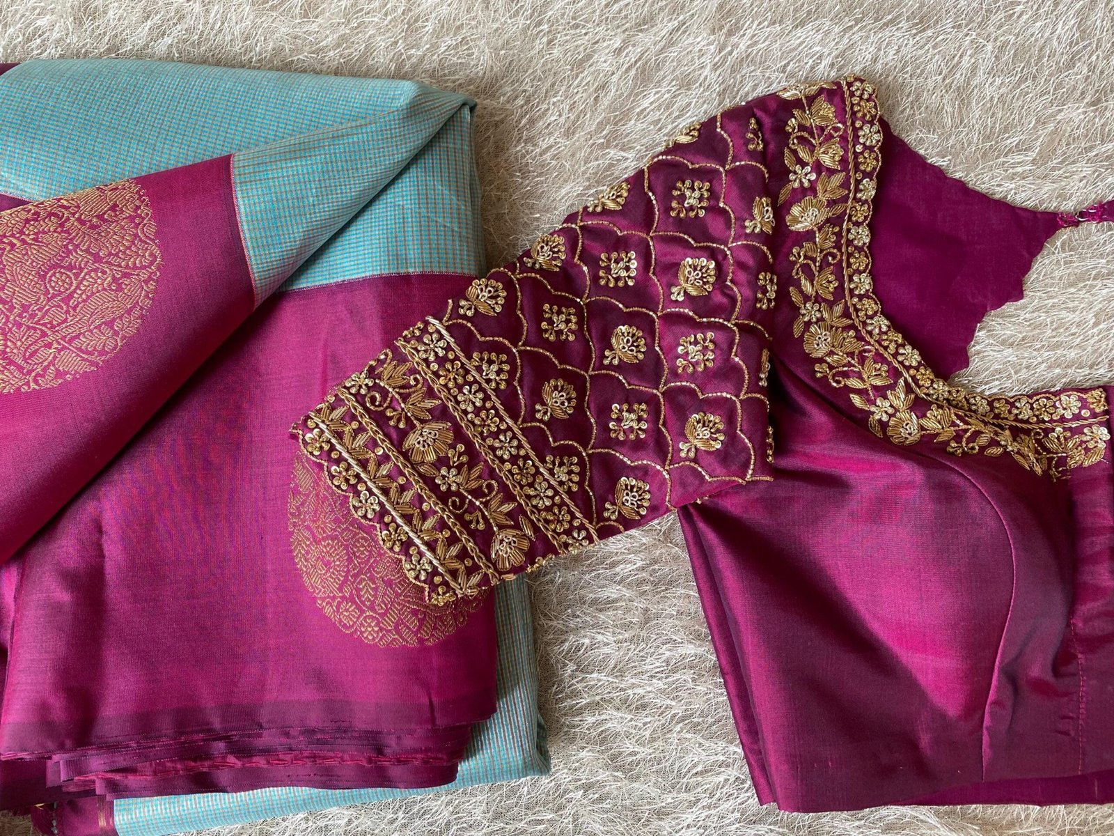Hand Embroidered Pure Silk Blouse: Purple Zardosi Maggam Work