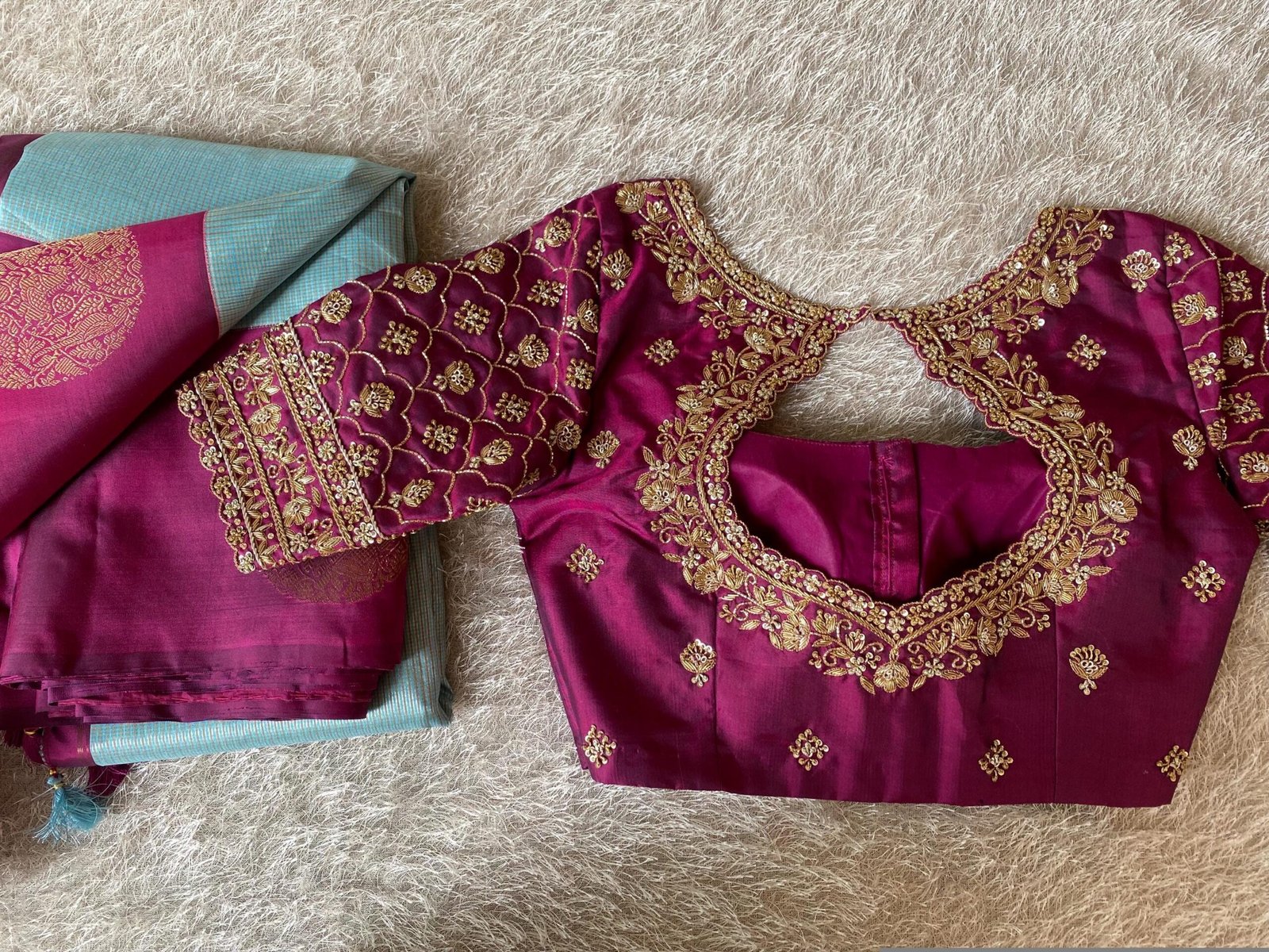 Hand Embroidered Pure Silk Blouse: Purple Zardosi Maggam Work