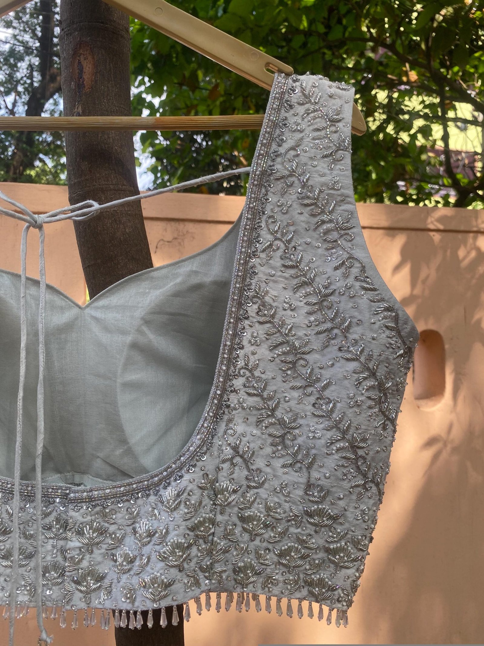 Hand Embroidered Silk Saree Blouse: Silver Zardosi Crop Top