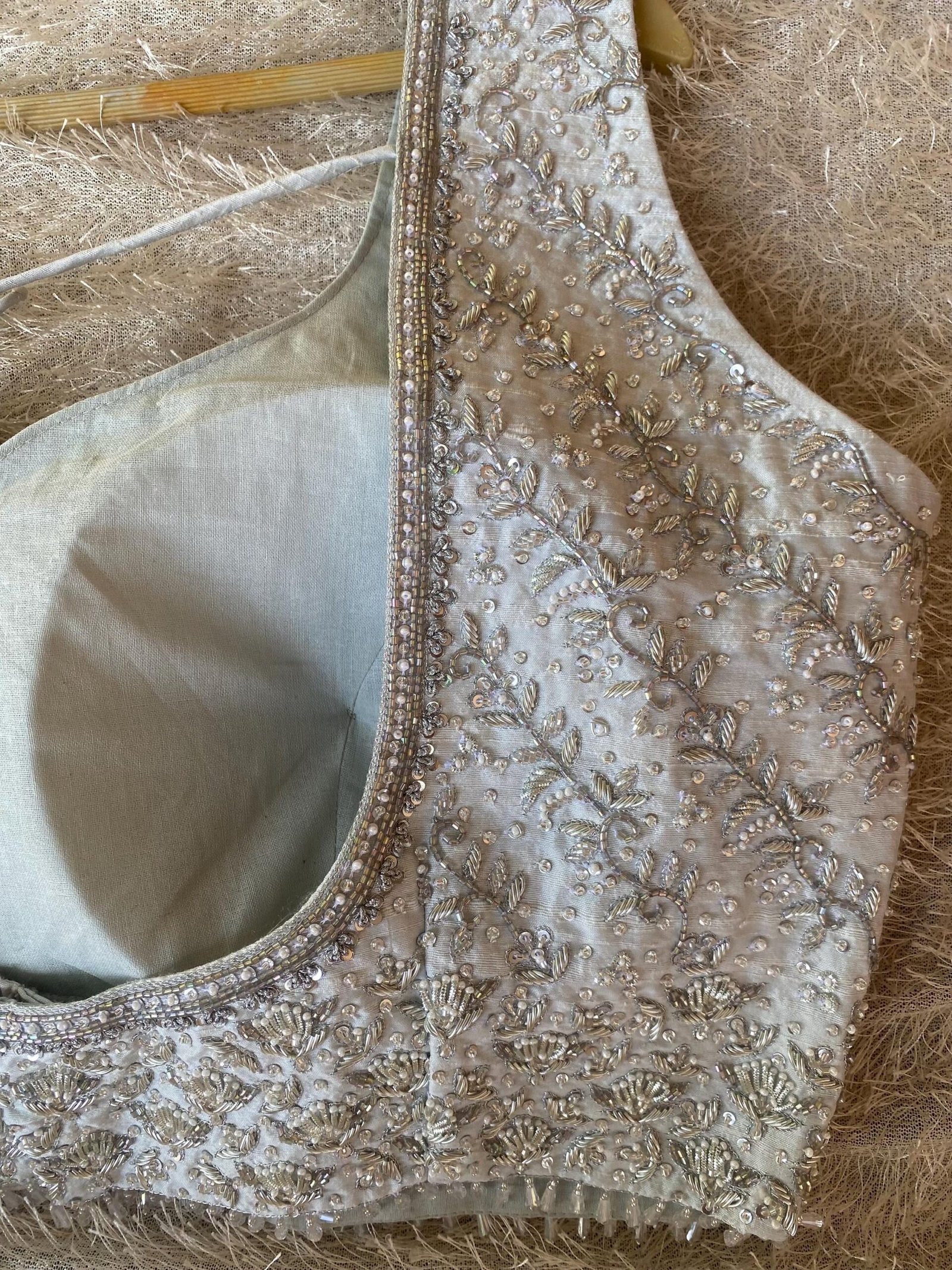 Hand Embroidered Silk Saree Blouse: Silver Zardosi Crop Top