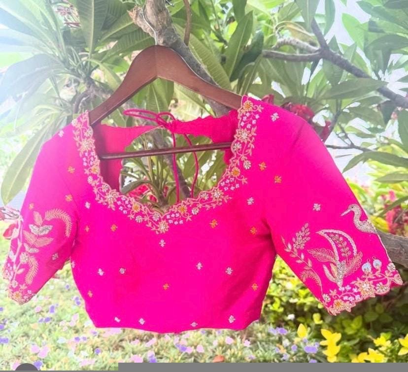 Pink Silk Saree Blouse: Hand Embroidered Zardosi Crop Top