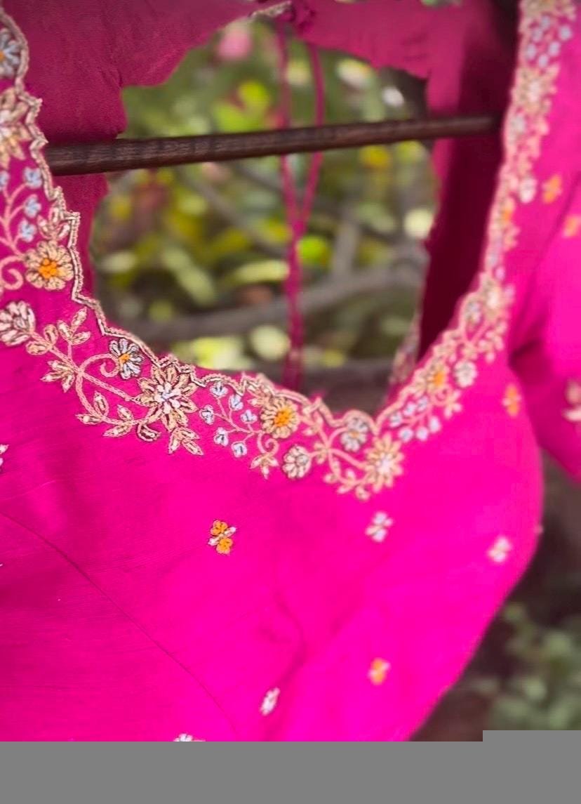 Pink Silk Saree Blouse: Hand Embroidered Zardosi Crop Top