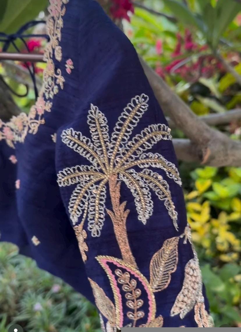 Blue Silk Hand Embroidered Blouse: Zardosi Maggam Work