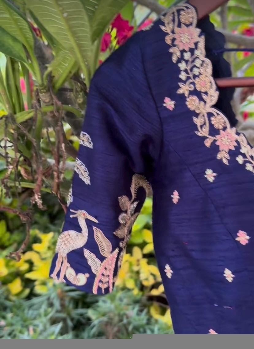 Blue Silk Hand Embroidered Blouse: Zardosi Maggam Work