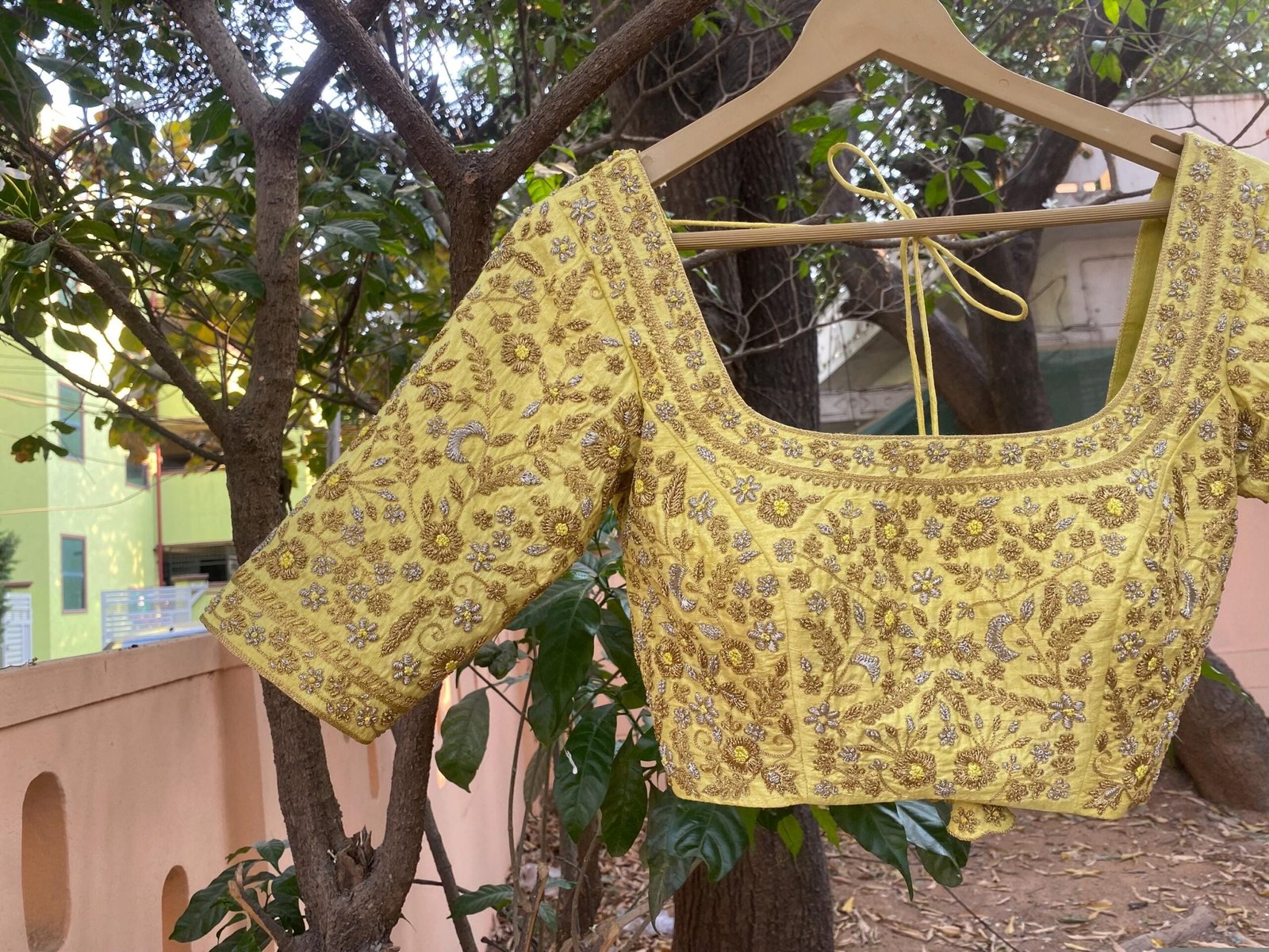 Handmade Pure Silk Bridal Blouse: Yellow Zardosi Embroidery, Maggam Work