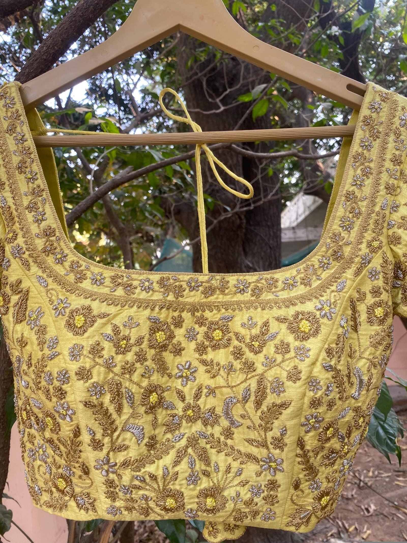 Handmade Pure Silk Bridal Blouse: Yellow Zardosi Embroidery, Maggam Work