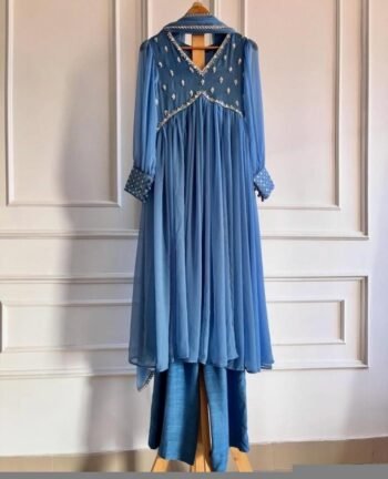 Hand Embroidered Anarkali Kurta Set: Light Blue Silk Dupatta