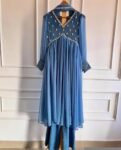 Hand Embroidered Anarkali Kurta Set: Light Blue Silk Dupatta