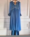 Hand Embroidered Anarkali Kurta Set: Light Blue Silk Dupatta