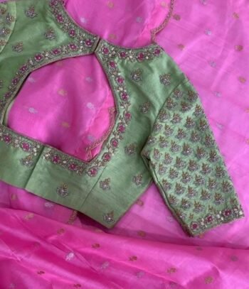 Hand Embroidered Silk Saree Blouse: Pista Green Zardosi Maggam