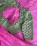 Hand Embroidered Silk Saree Blouse: Pista Green Zardosi Maggam