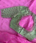 Hand Embroidered Silk Saree Blouse: Pista Green Zardosi Maggam
