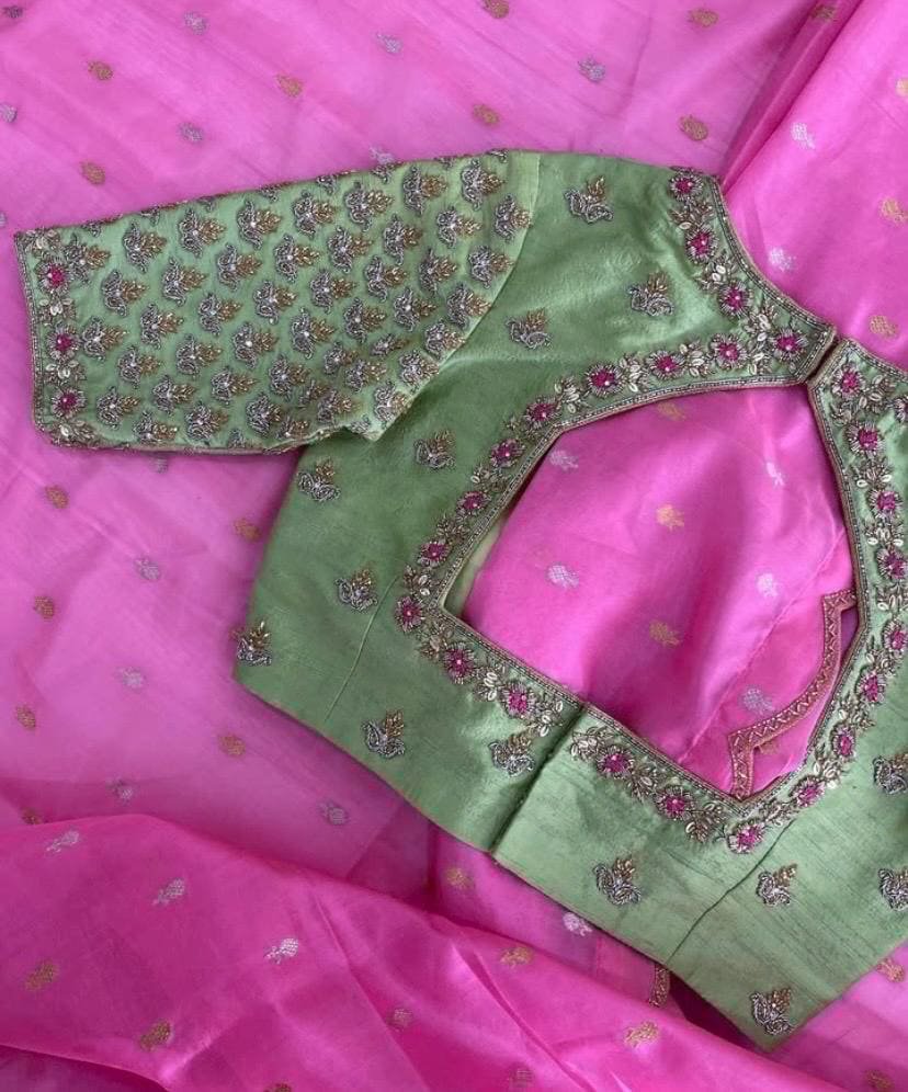Hand Embroidered Silk Saree Blouse: Pista Green Zardosi Maggam