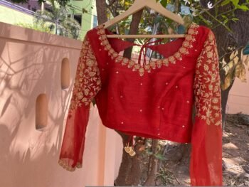 Rust orange hand embroidery blouse/saree maggam blouse/pure silk zardosi blouse/red  embroidered blouse/orange red maggam full sleeve blouse
