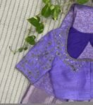 Lavender Hand Embroidered Saree Blouse: Raw Silk Zardosi Maggam Work