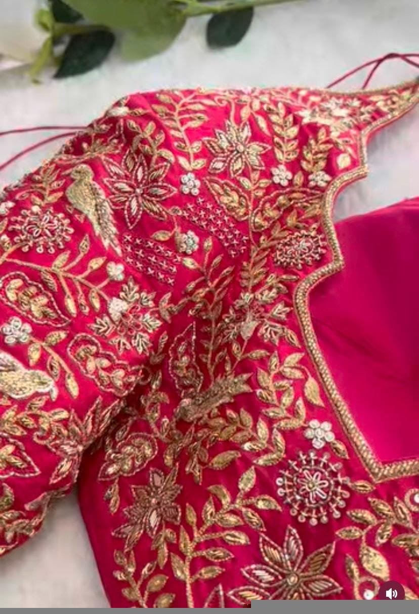 pure silk hand embroidery bridal blouse/maggam blouse/pink bridal work blouse/pink hand embroidered blouse/heavy embroidery wedding blouse