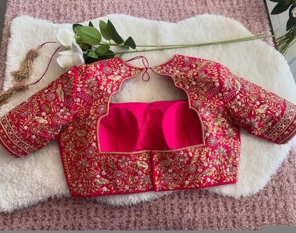 pure silk hand embroidery bridal blouse/maggam blouse/pink bridal work blouse/pink hand embroidered blouse/heavy embroidery wedding blouse