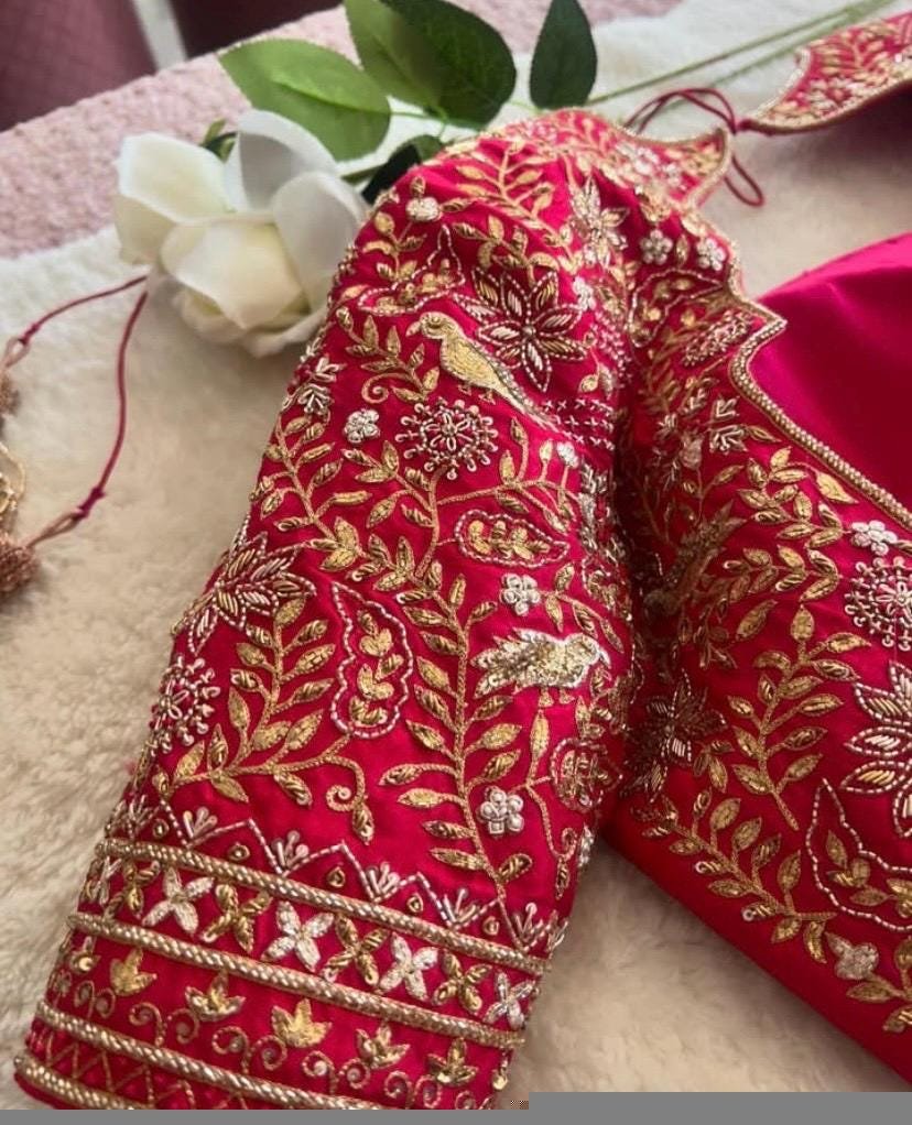pure silk hand embroidery bridal blouse/maggam blouse/pink bridal work blouse/pink hand embroidered blouse/heavy embroidery wedding blouse