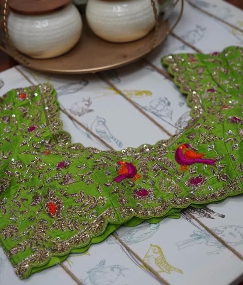Green Silk Bridal Blouse: Hand Embroidered Zardosi Maggam Work