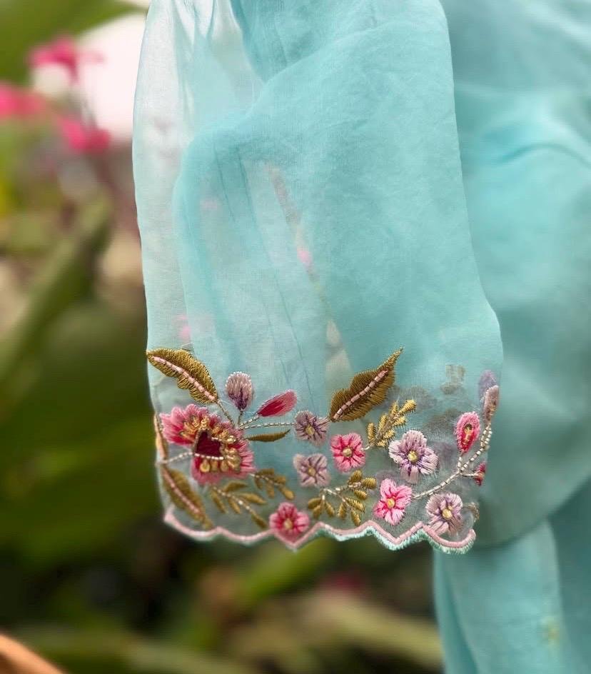 Blue Organza Silk Saree: Hand-Embroidered Blouse & Border