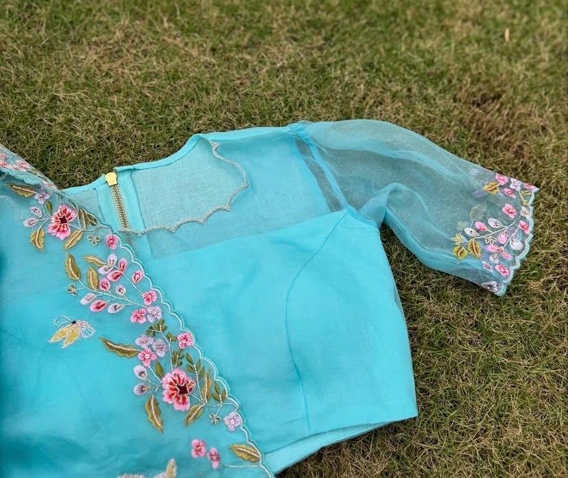 Blue Organza Silk Saree: Hand-Embroidered Blouse & Border
