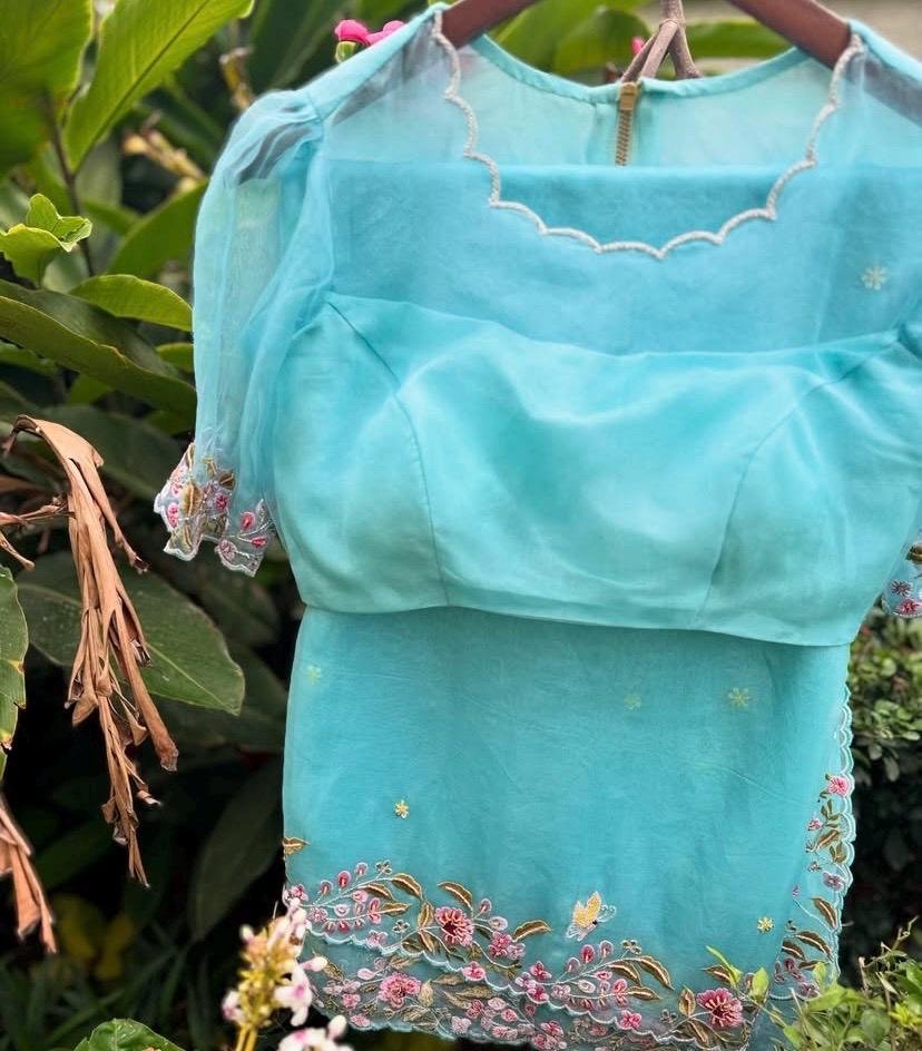 Blue Organza Silk Saree: Hand-Embroidered Blouse & Border
