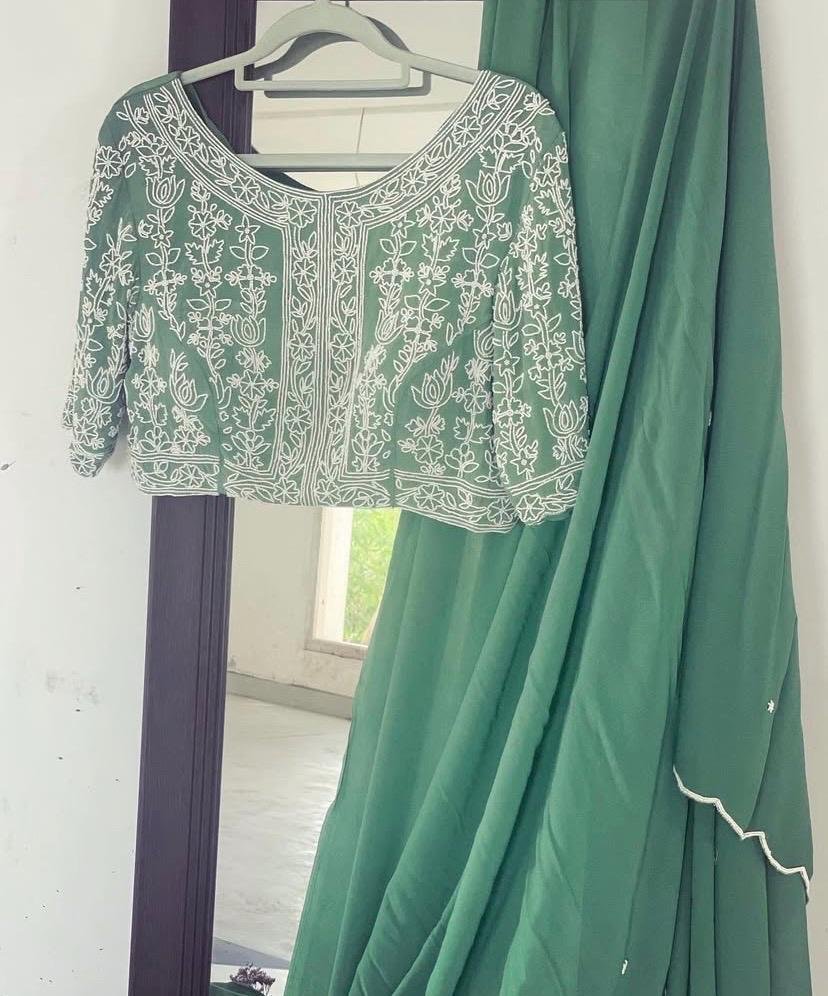 Pista Green Georgette Silk Saree: Hand Embroidered Blouse