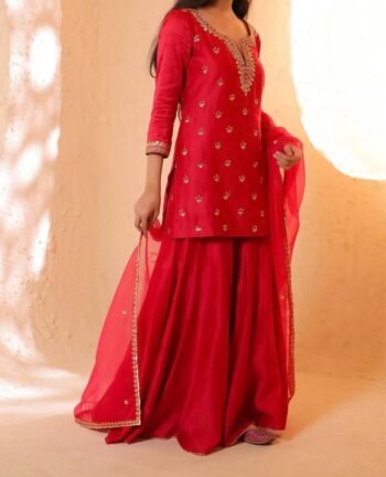 Red Uppada Silk Sharara Set: Hand Embroidered Kurti, Palazzo & Organza Dupatta