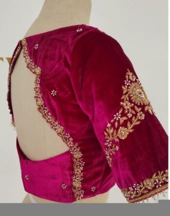 pure velvet hand embroidery blouse /modern saree maggam blouse/hot pink zardosi blouse/hand embroidered blouse/pink velvet ready made blouse