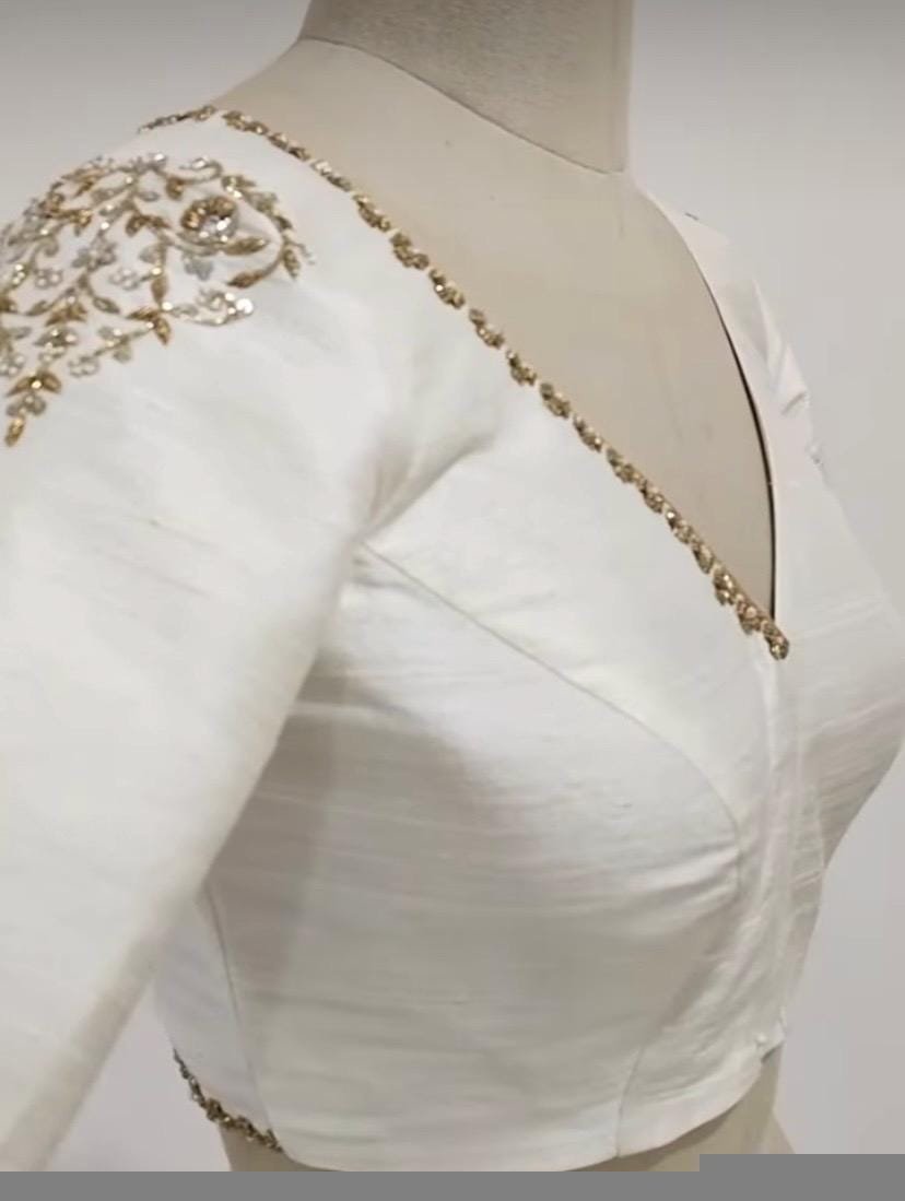 pure silk hand embroidery blouse/cream saree maggam blouse/raw silk zardosi blouse/hand embroidered blouse/cream ready made blouse zardosi