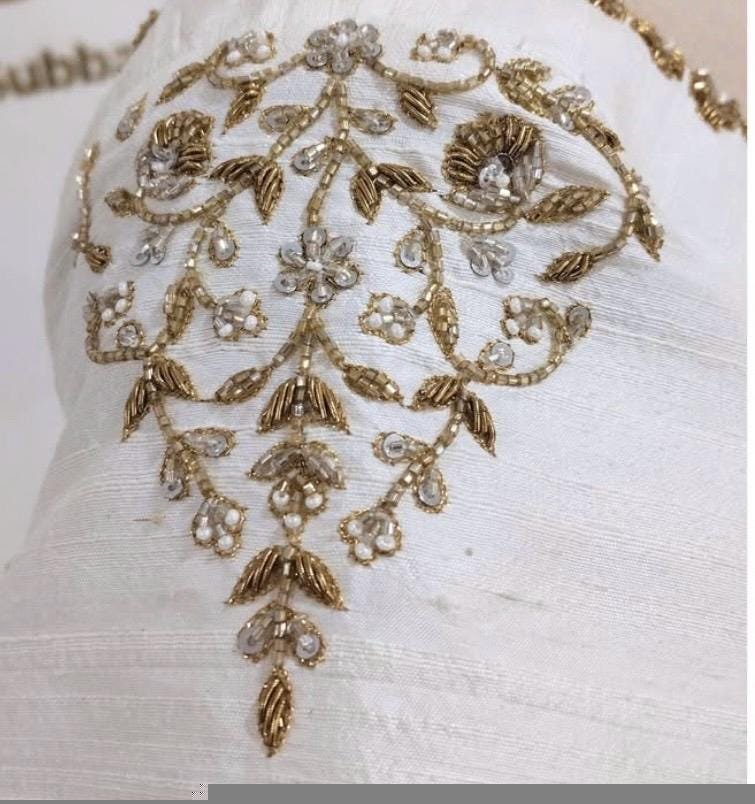 pure silk hand embroidery blouse/cream saree maggam blouse/raw silk zardosi blouse/hand embroidered blouse/cream ready made blouse zardosi