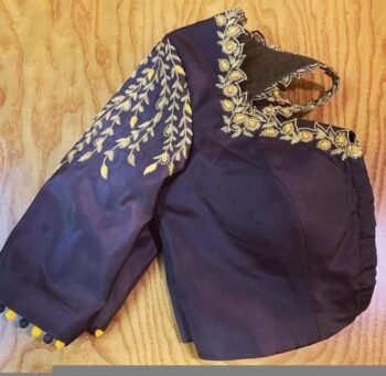 Hand Embroidered Silk Saree Blouse: Black Zardosi Maggam, Elbow Sleeve