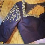 Hand Embroidered Silk Saree Blouse: Black Zardosi Maggam, Elbow Sleeve