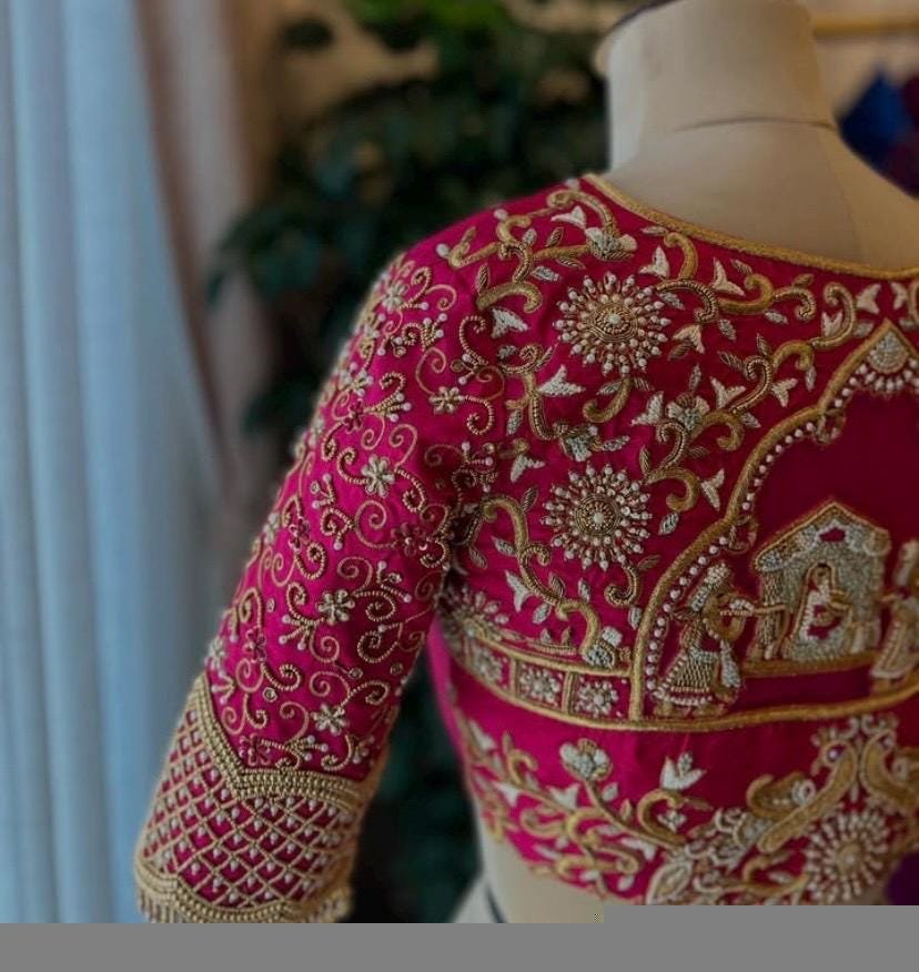 pure silk hand embroidery bridal blouse/maggam blouse/pink bridal work blouse/pink hand embroidered blouse/heavy embroidery wedding blouse