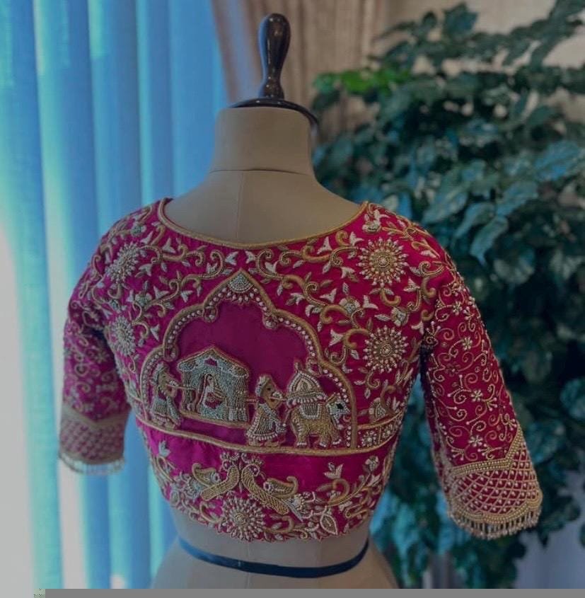 pure silk hand embroidery bridal blouse/maggam blouse/pink bridal work blouse/pink hand embroidered blouse/heavy embroidery wedding blouse