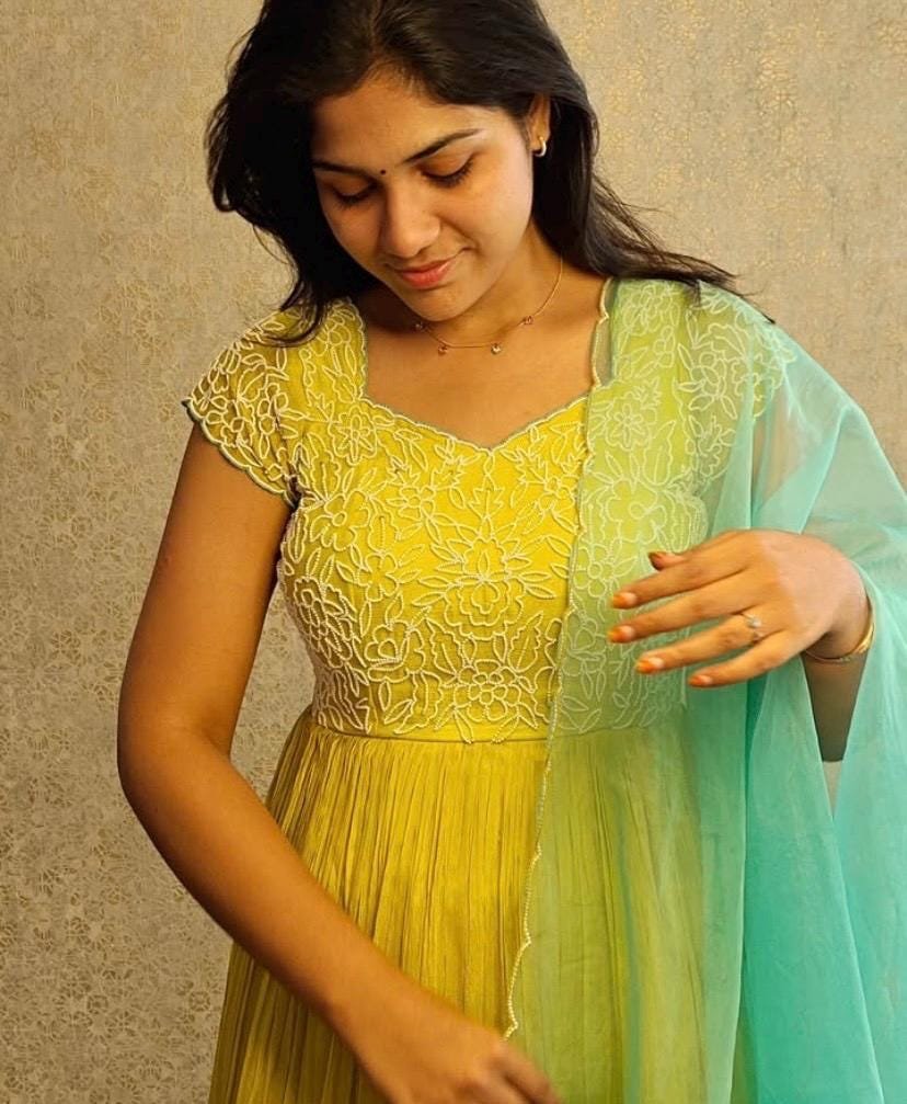 Hand Embroidered Yellow Anarkali Gown with Scallop Dupatta