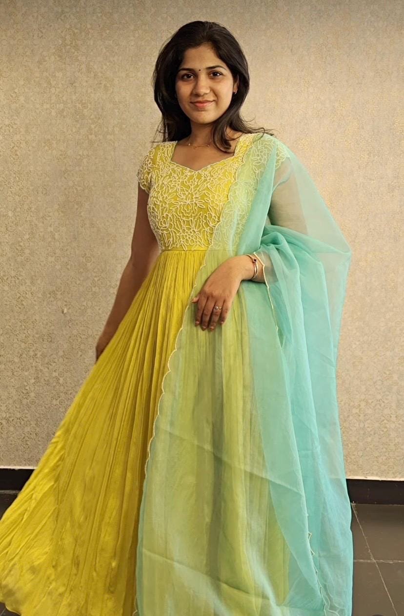Hand Embroidered Yellow Anarkali Gown with Scallop Dupatta