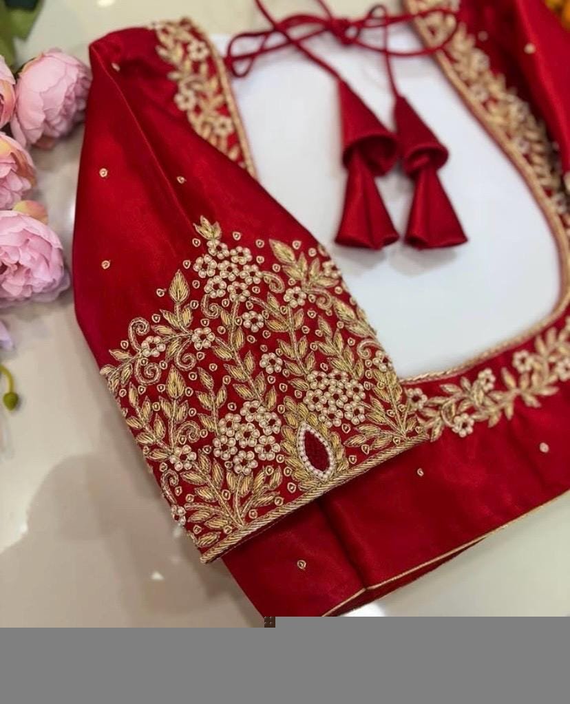 Pure Silk Hand Embroidered Saree Blouse: Red Zardosi Maggam Blouse