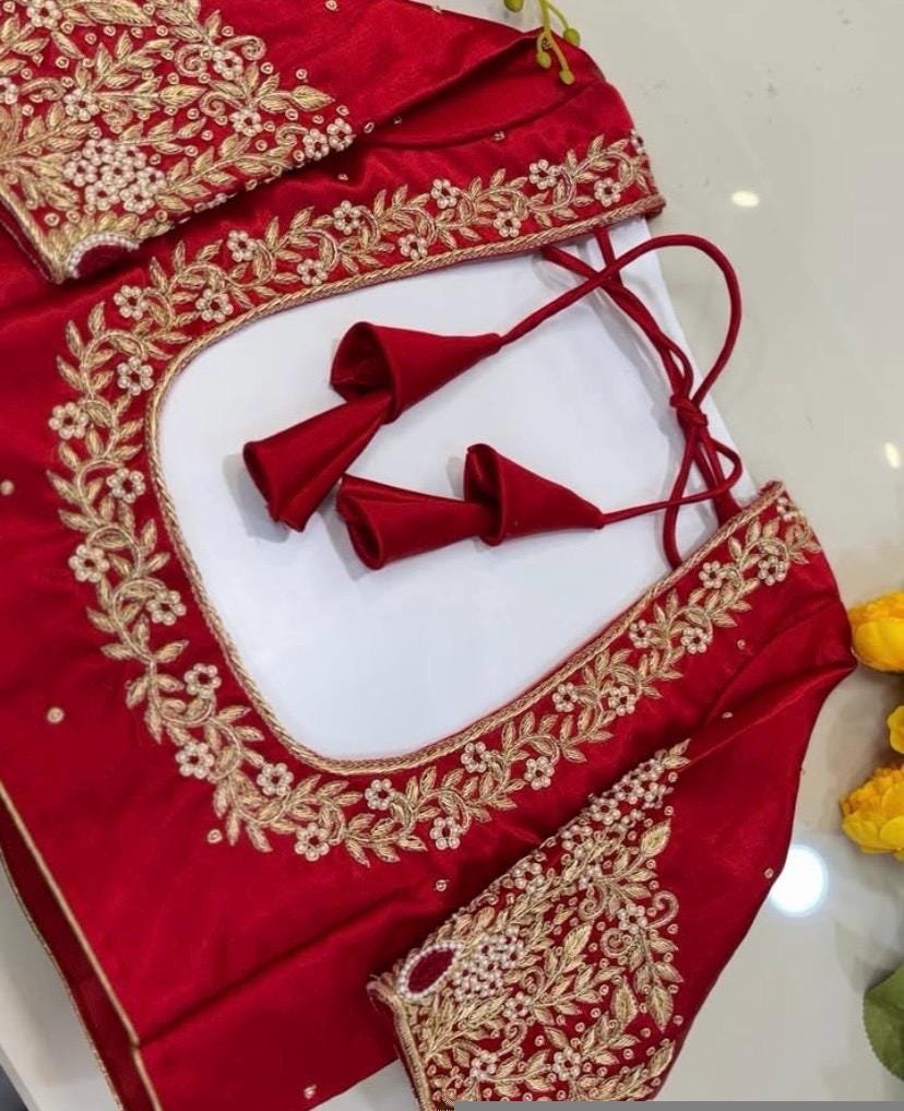 Pure Silk Hand Embroidered Saree Blouse: Red Zardosi Maggam Blouse
