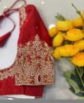 Pure Silk Hand Embroidered Saree Blouse: Red Zardosi Maggam Blouse