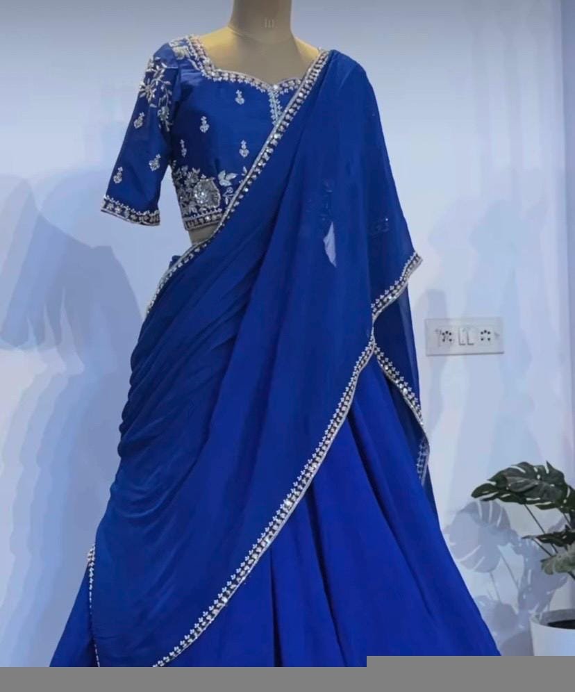 Royal Blue Lehenga Set: Embroidered Crop Top, Georgette Skirt & Dupatta